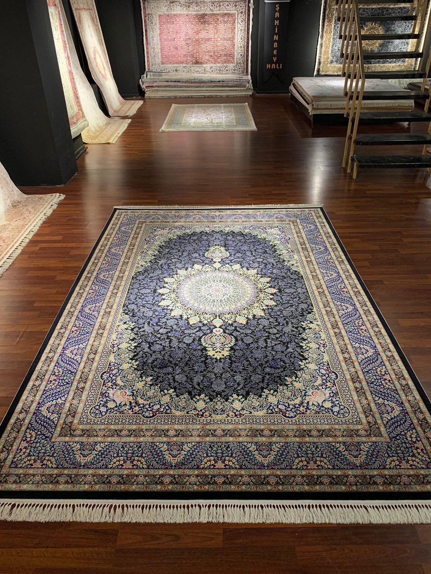 7x10 ft Black Blue Silk Rug, Luxury Floral Medallion Area Rug, Elegant Classic Living Room Carpet