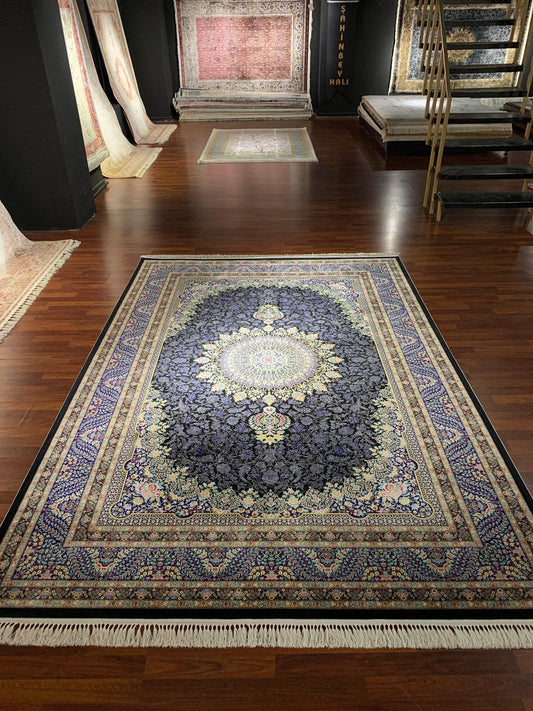 7x10 ft Black Blue Silk Rug, Luxury Floral Medallion Area Rug, Elegant Classic Living Room Carpet