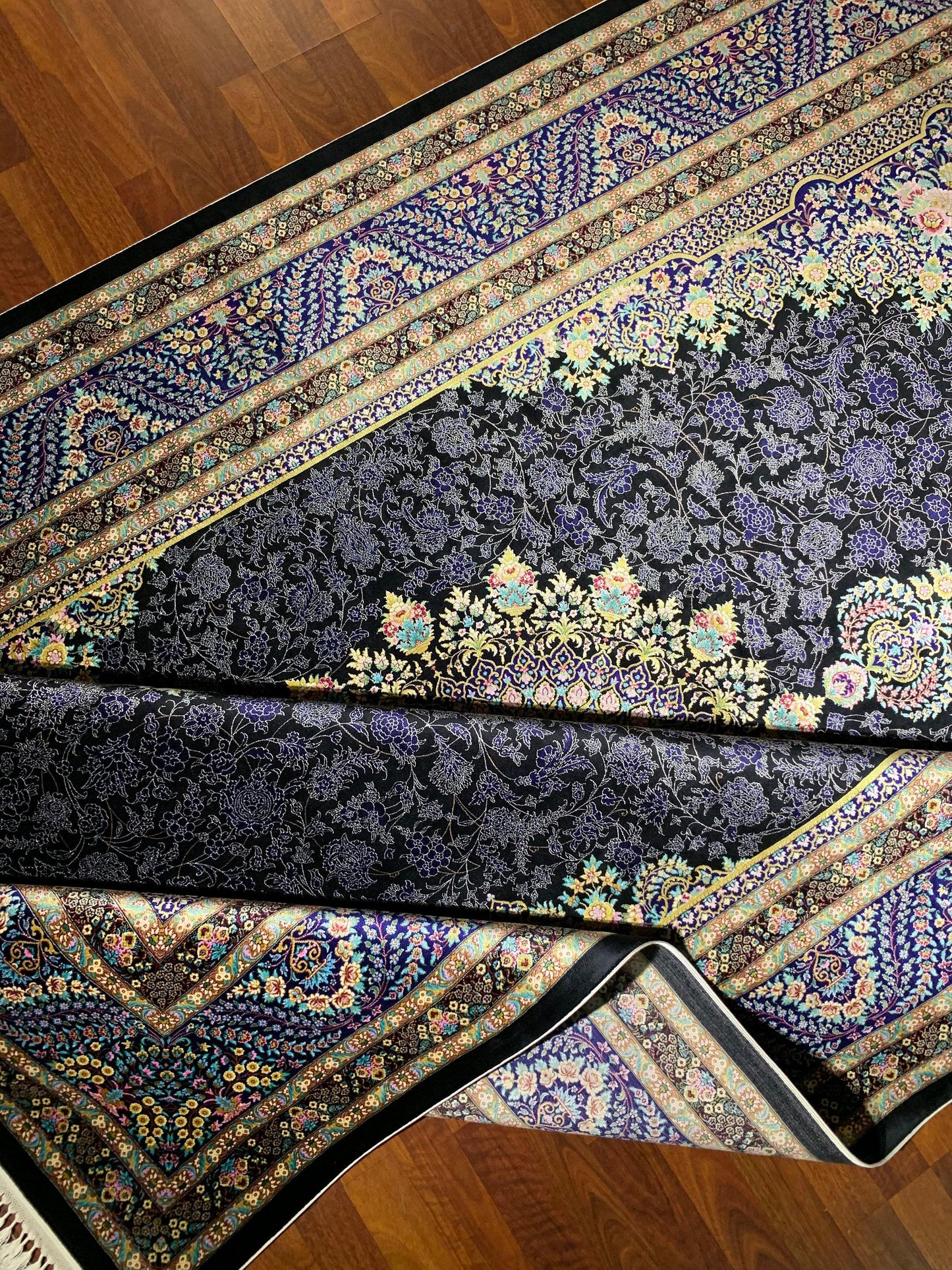 7x10 ft Black Blue Silk Rug, Luxury Floral Medallion Area Rug, Elegant Classic Living Room Carpet