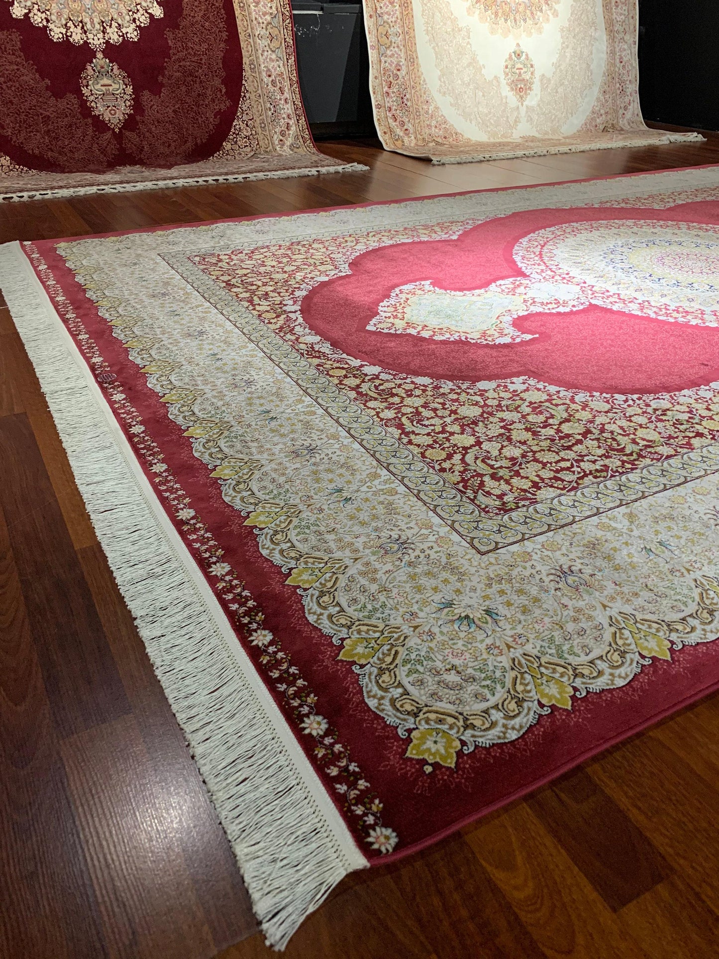 7x10 ft Red Beige Silk Rug, Luxury Medallion Area Rug, Elegant Classic Living Room Carpet
