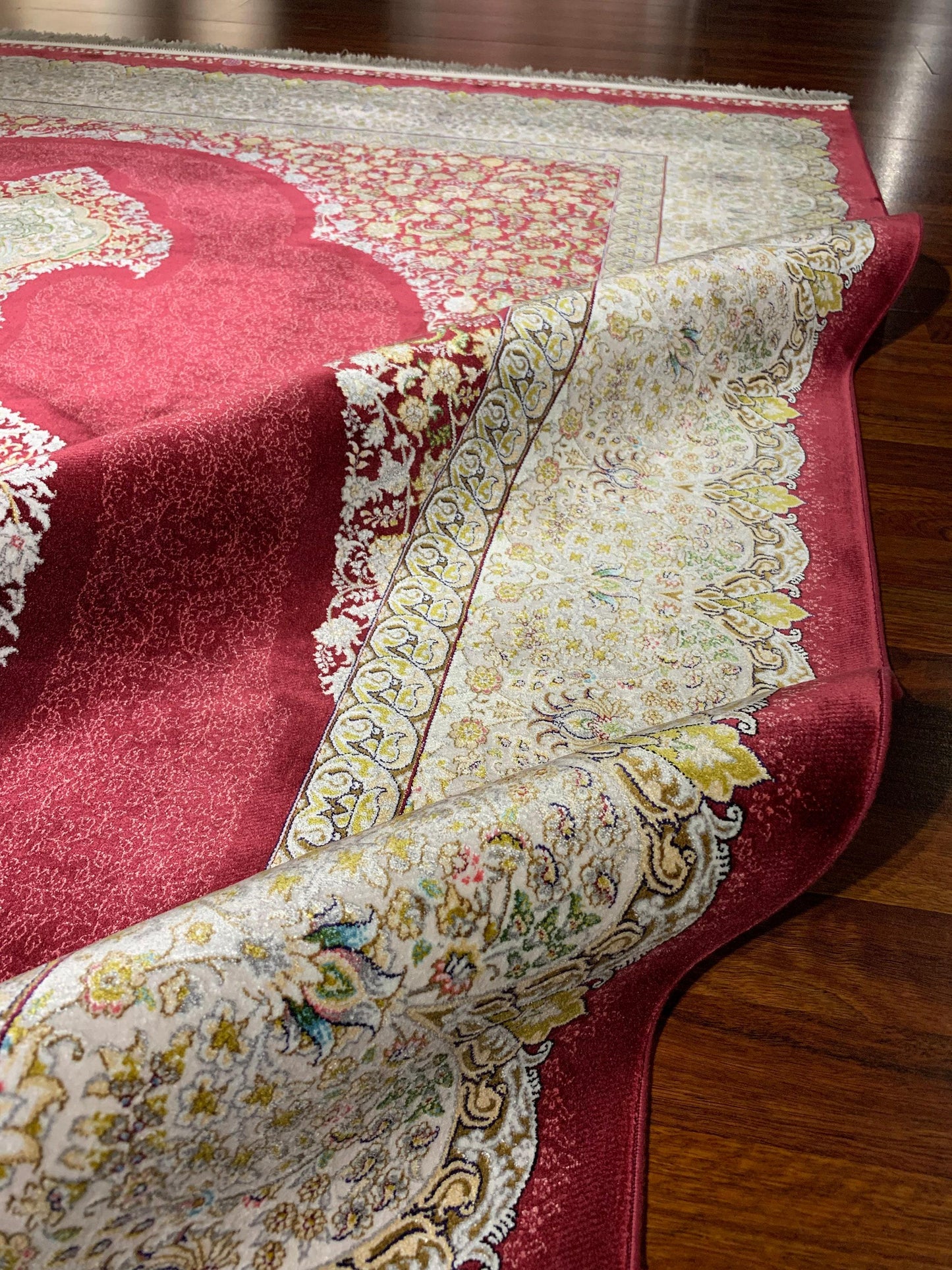 7x10 ft Red Beige Silk Rug, Luxury Medallion Area Rug, Elegant Classic Living Room Carpet