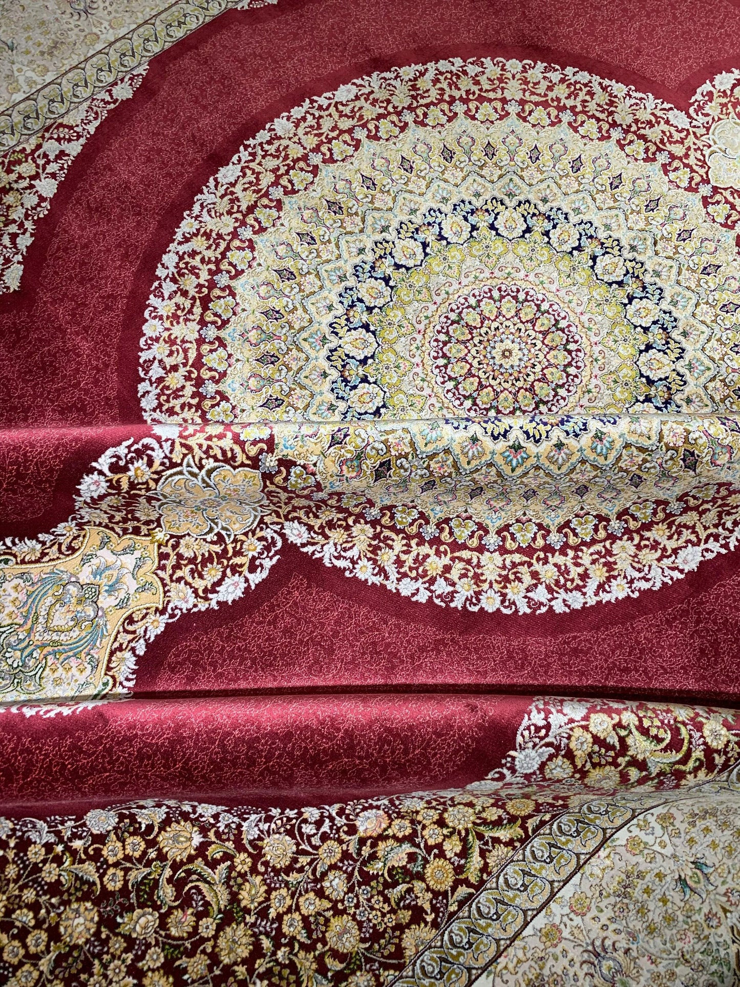 7x10 ft Red Beige Silk Rug, Luxury Medallion Area Rug, Elegant Classic Living Room Carpet