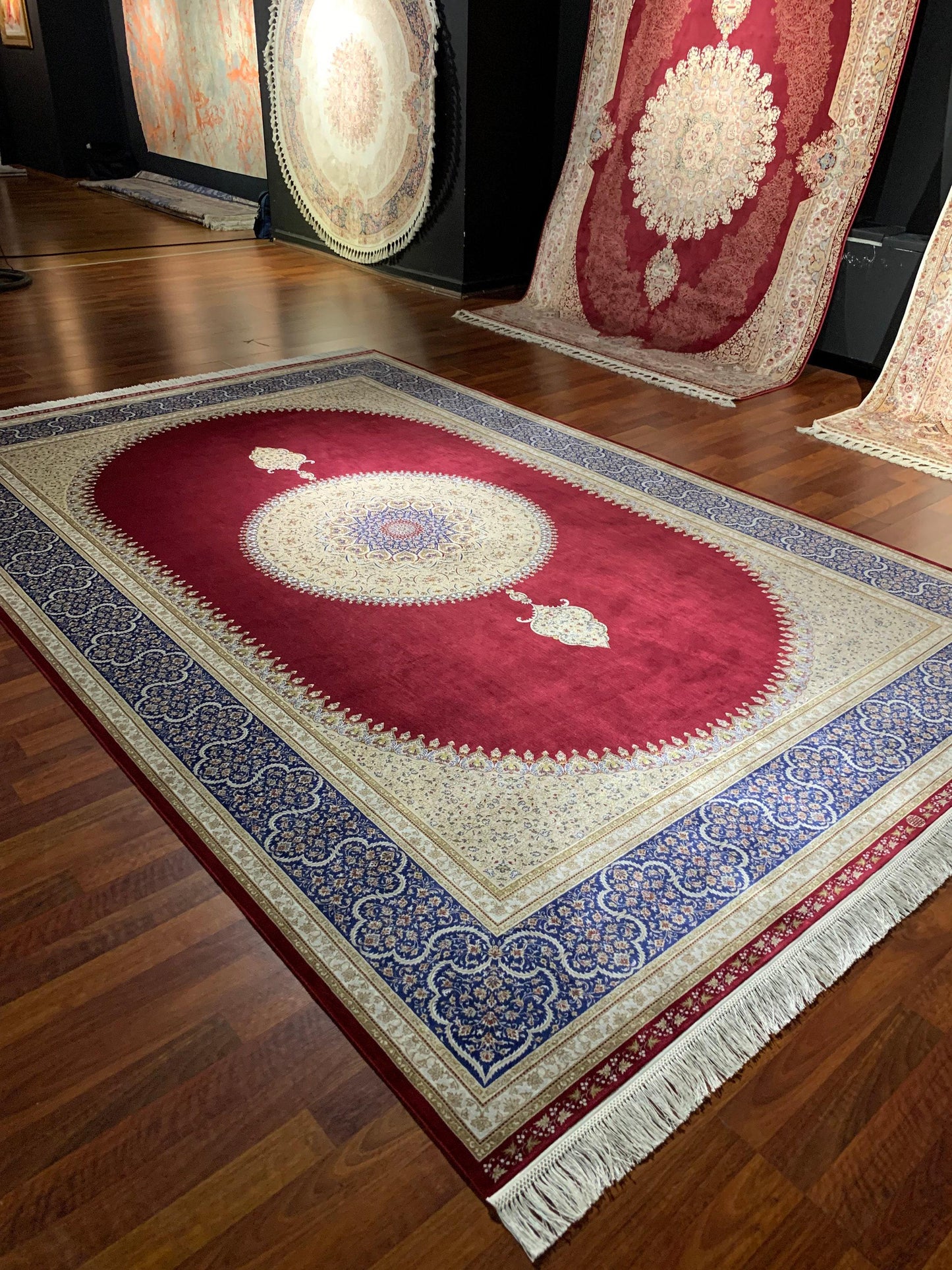 7x10 ft Red Beige Silk Rug, Luxury Medallion Area Rug, Classic Ornate Living Room Carpet