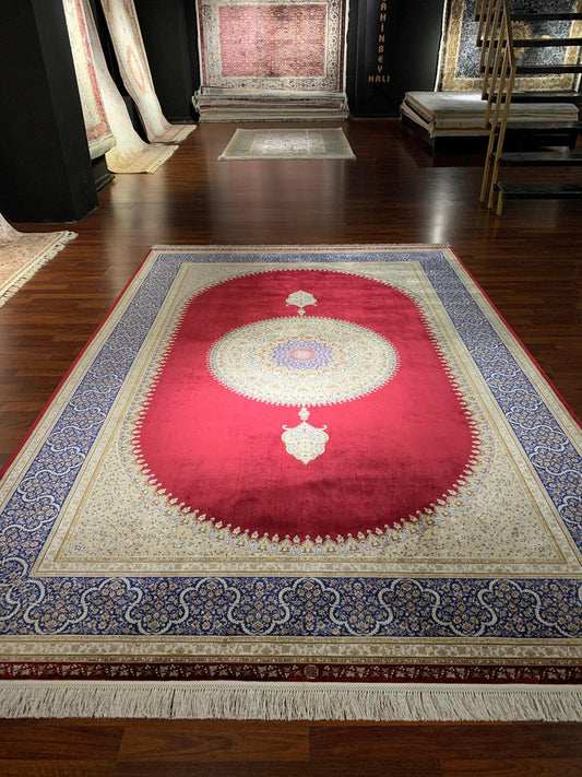 7x10 ft Red Beige Silk Rug, Luxury Medallion Area Rug, Classic Ornate Living Room Carpet
