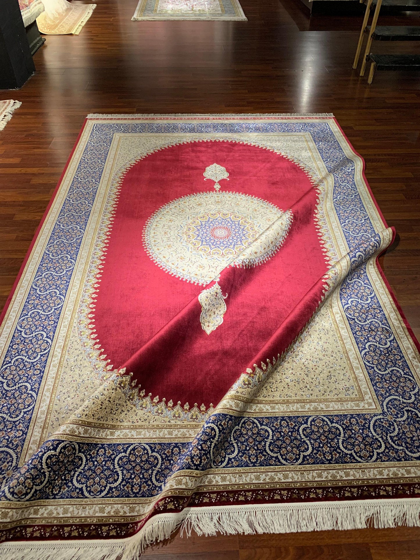 7x10 ft Red Beige Silk Rug, Luxury Medallion Area Rug, Classic Ornate Living Room Carpet
