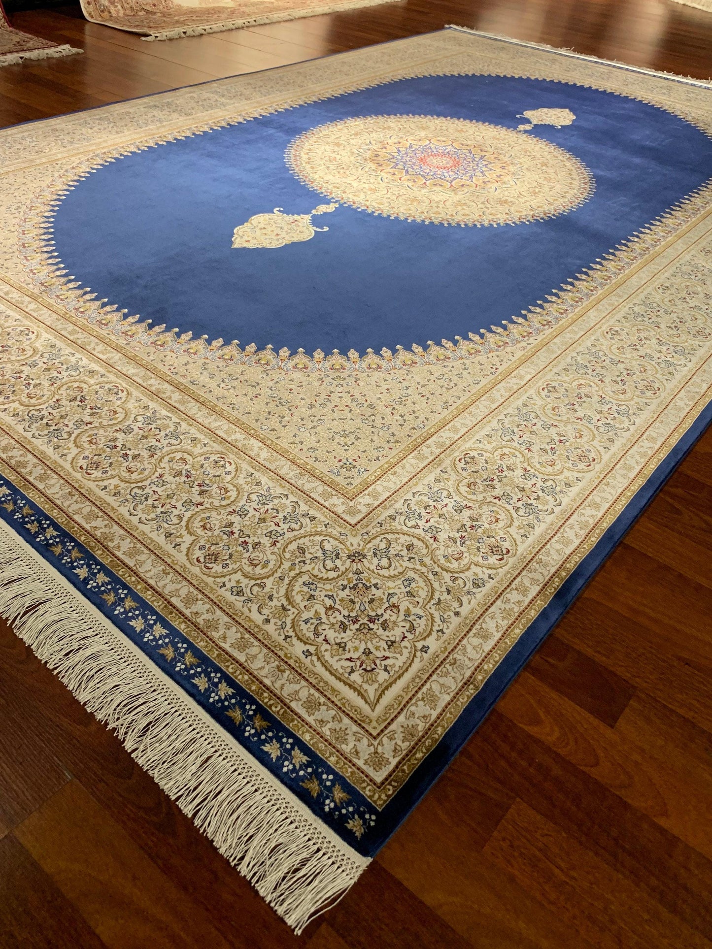 7x10 ft Red Blue Silk Rug, Luxury Medallion Oriental Rug, Classic Palace Style Living Room Carpet