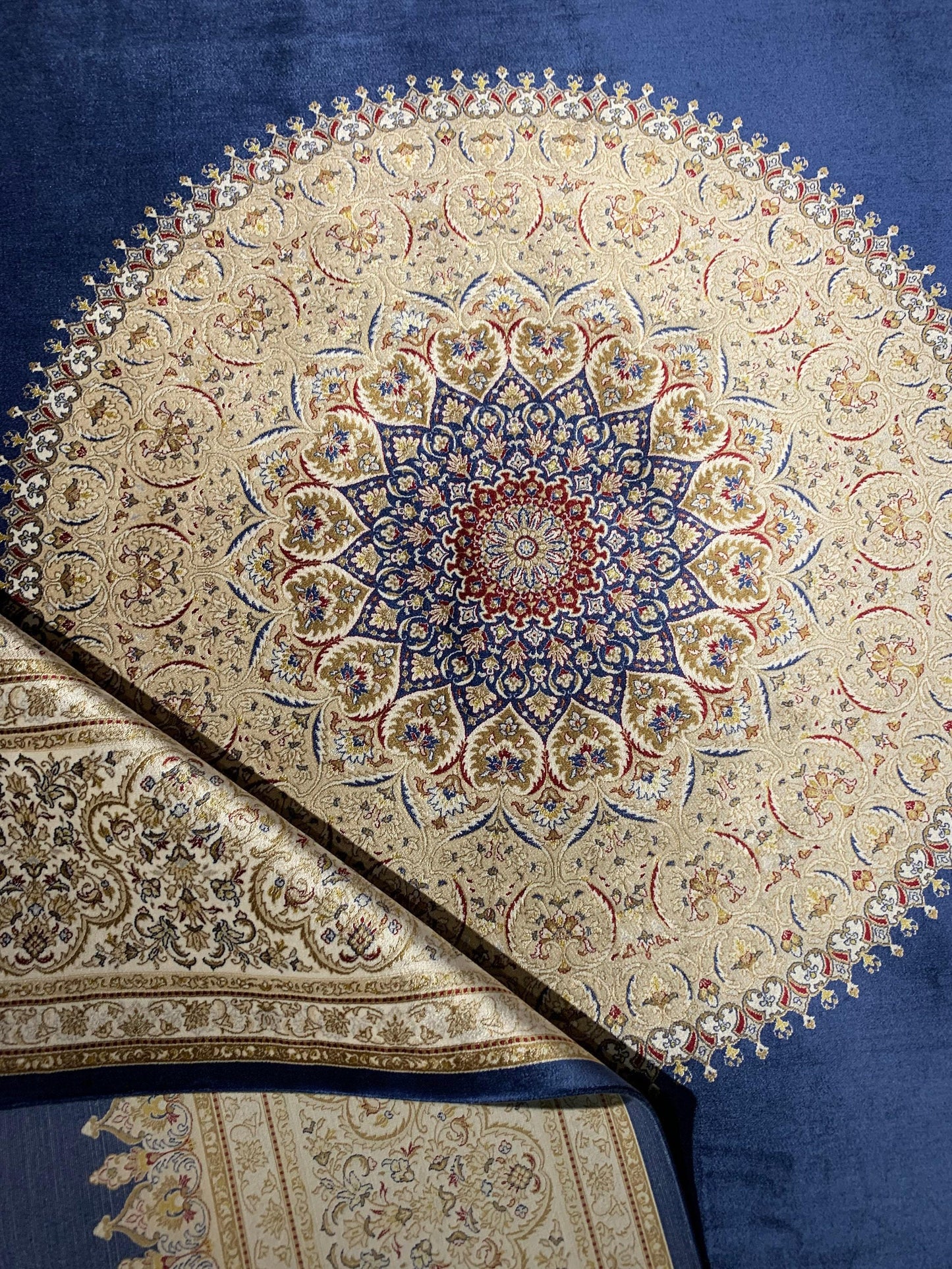 7x10 ft Red Blue Silk Rug, Luxury Medallion Oriental Rug, Classic Palace Style Living Room Carpet