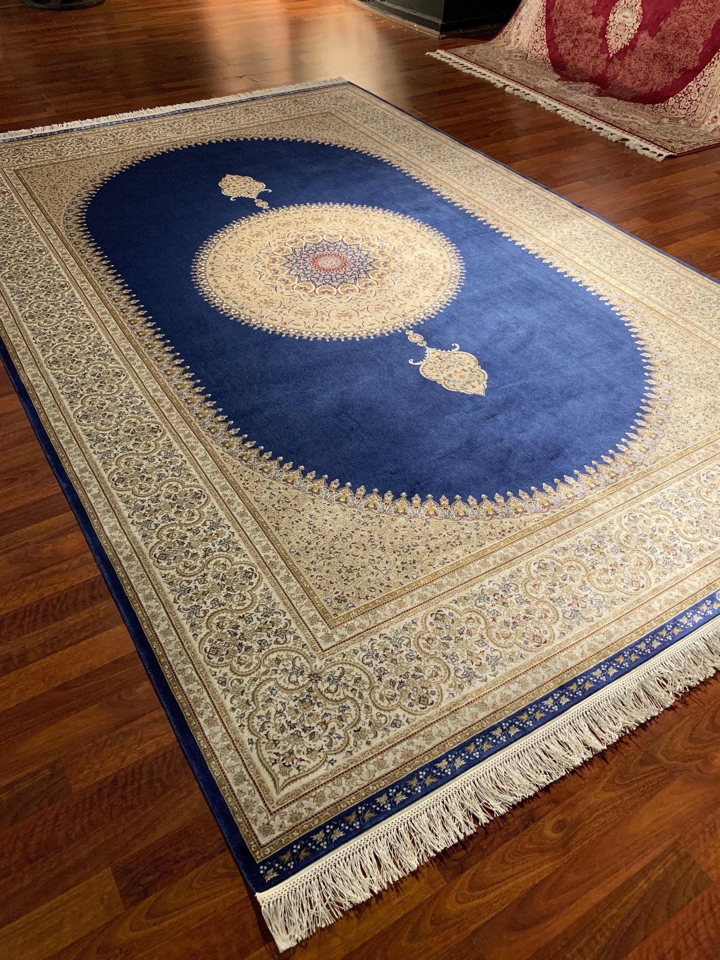 7x10 ft Red Blue Silk Rug, Luxury Medallion Oriental Rug, Classic Palace Style Living Room Carpet
