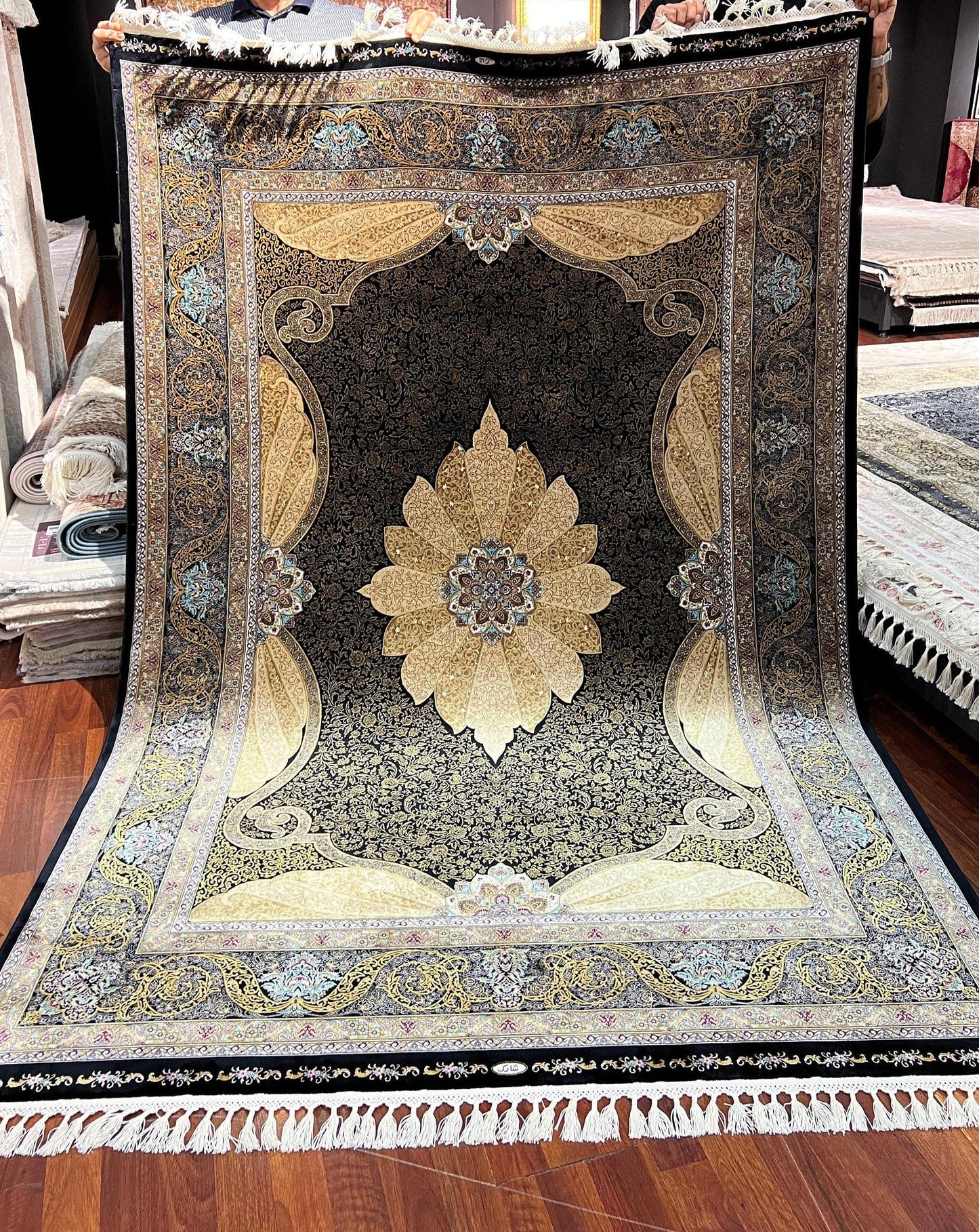 7x10 ft Black Gold Silk Rug, Luxury Medallion Area Rug, Elegant Palace Style Living Room Carpet