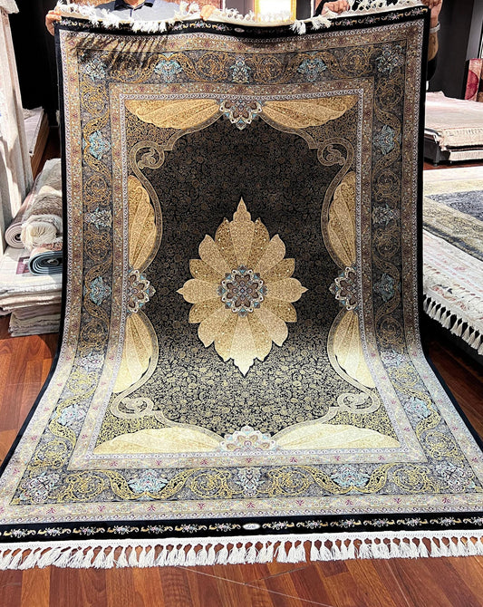 7x10 ft Black Gold Silk Rug, Luxury Medallion Area Rug, Elegant Palace Style Living Room Carpet