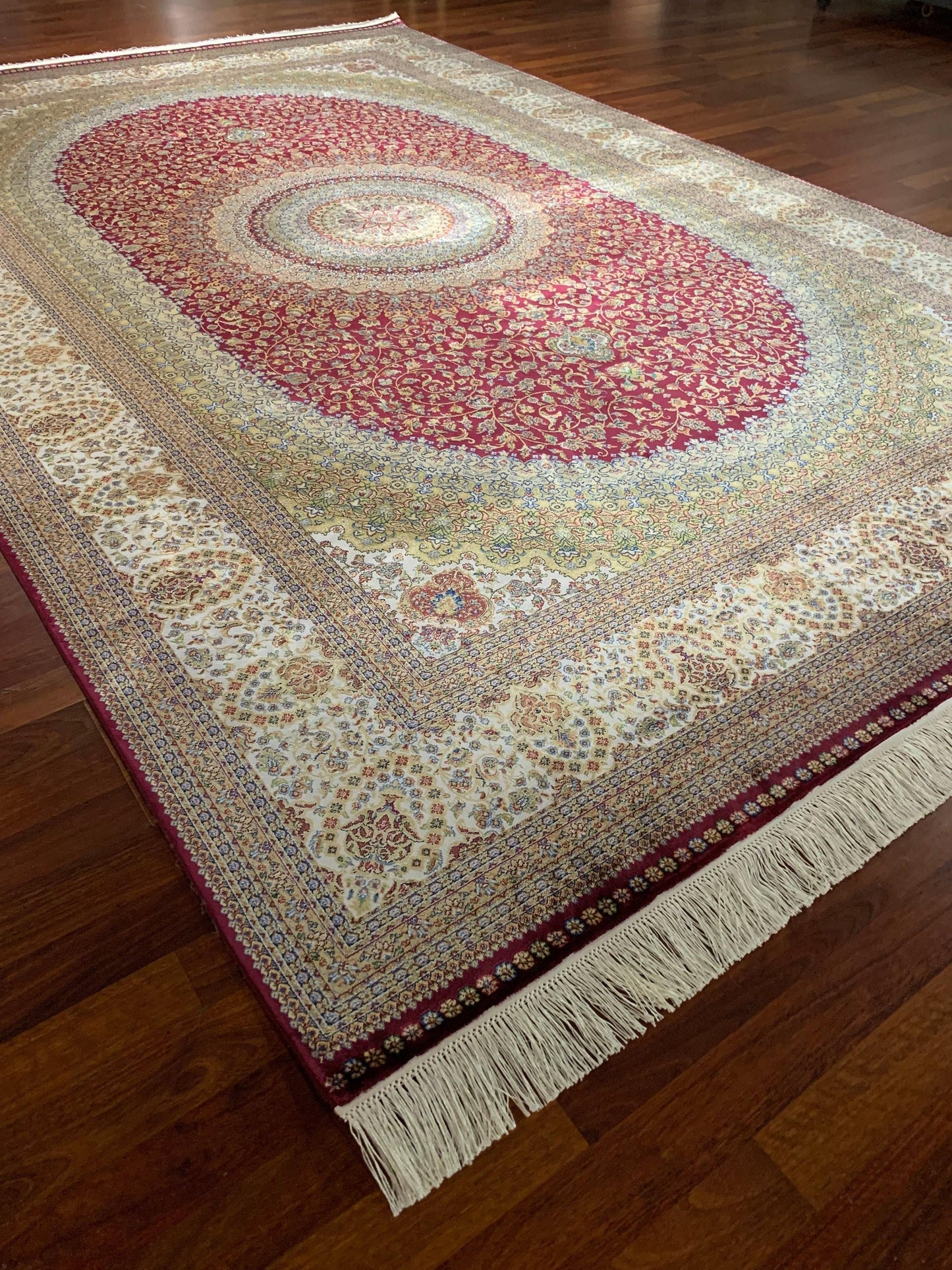 7x10 ft Red Gold Silk Rug, Luxury Classic Medallion Rug, Elegant Living Room Area Carpet