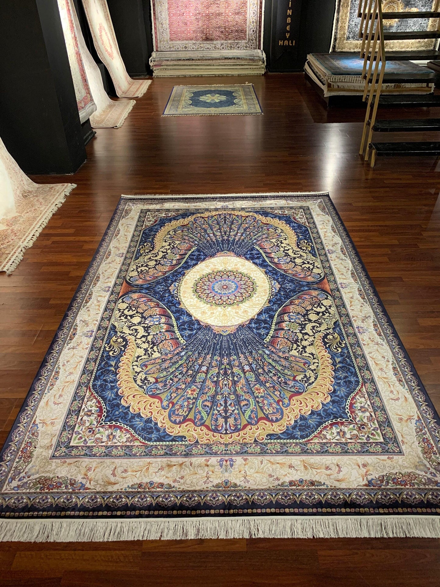 7x10 ft Blue Silk Rug, Luxury Peacock Style Rug, Artistic Medallion Living Room Carpet