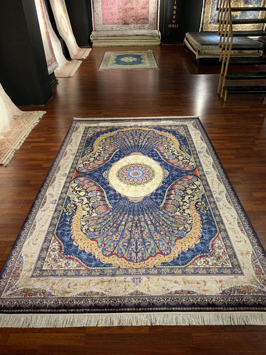 7x10 ft Blue Silk Rug, Luxury Peacock Style Rug, Artistic Medallion Living Room Carpet