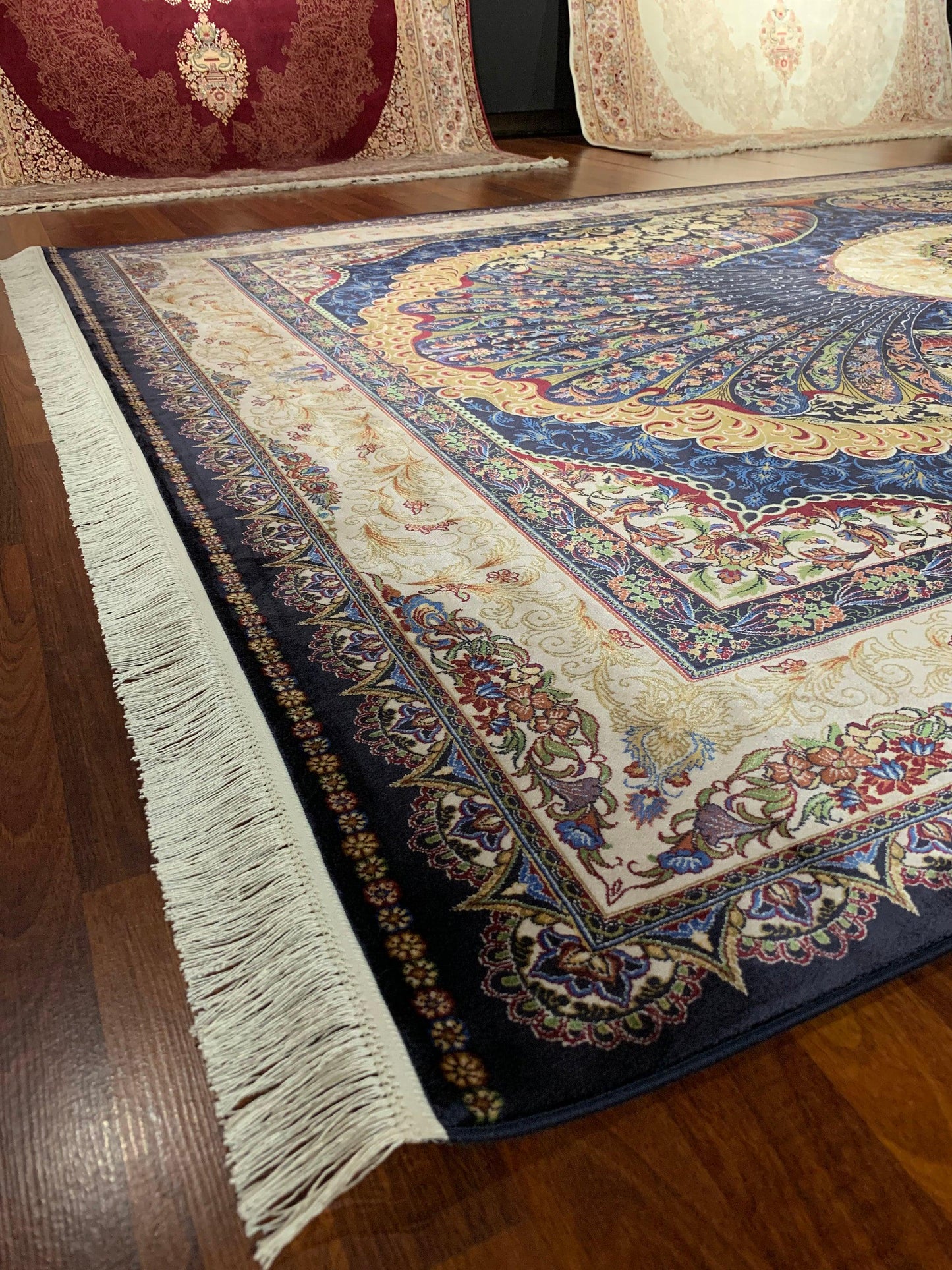 7x10 ft Blue Silk Rug, Luxury Peacock Style Rug, Artistic Medallion Living Room Carpet
