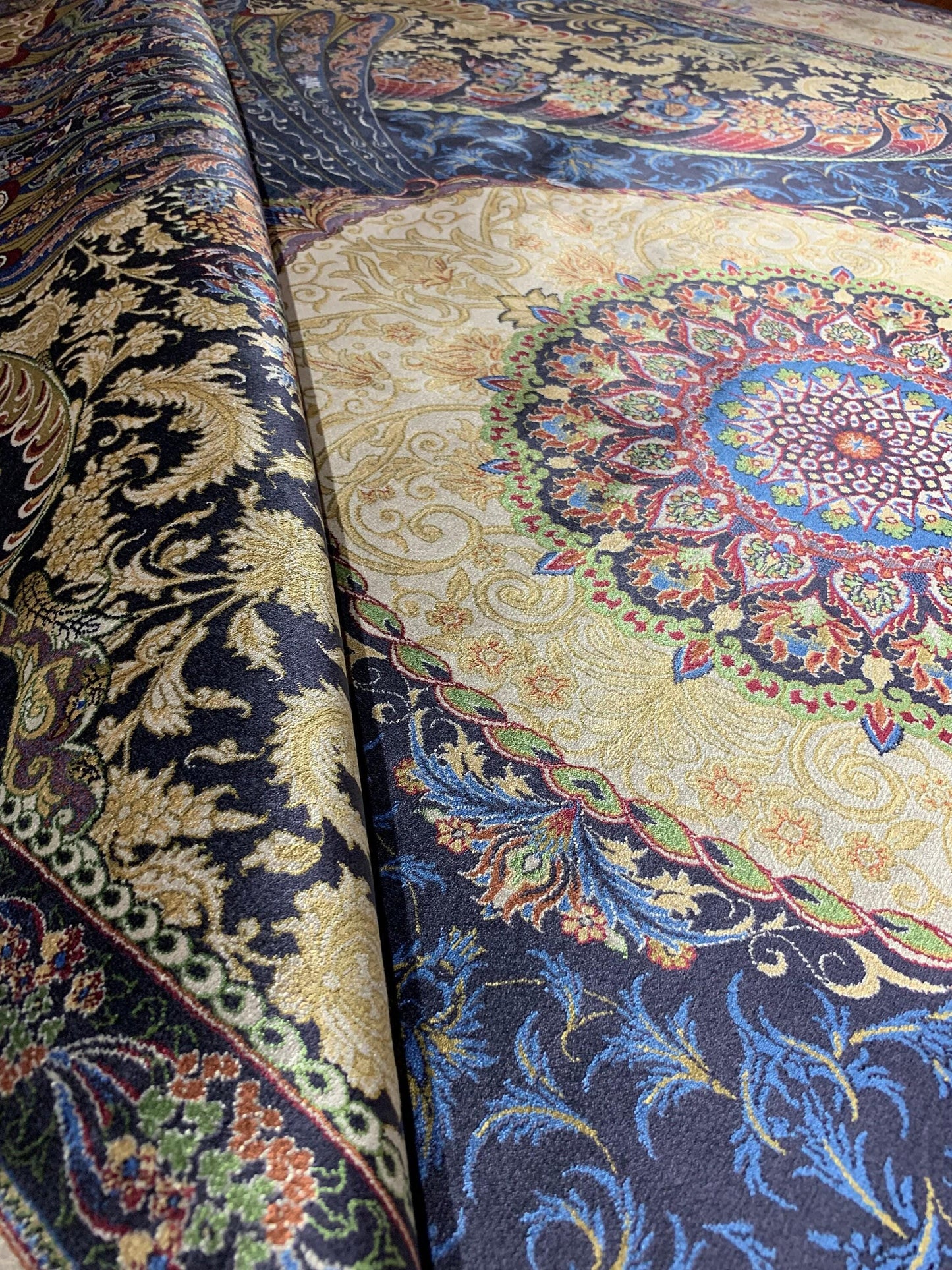 7x10 ft Blue Silk Rug, Luxury Peacock Style Rug, Artistic Medallion Living Room Carpet