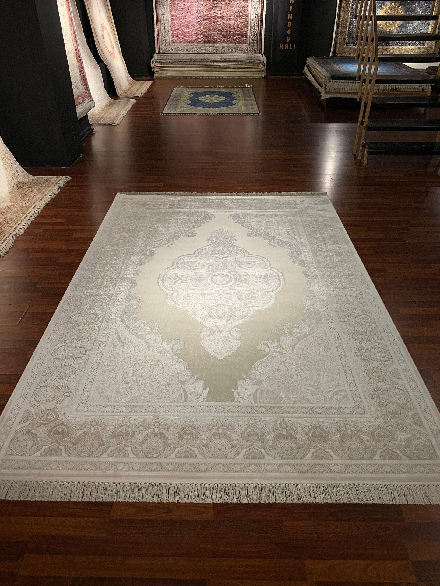 7x10 ft Beige Bamboo Rug, Elegant Tone on Tone Medallion Rug, Neutral Luxury Living Room Carpet