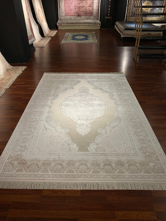 7x10 ft Beige Bamboo Rug, Elegant Tone on Tone Medallion Rug, Neutral Luxury Living Room Carpet