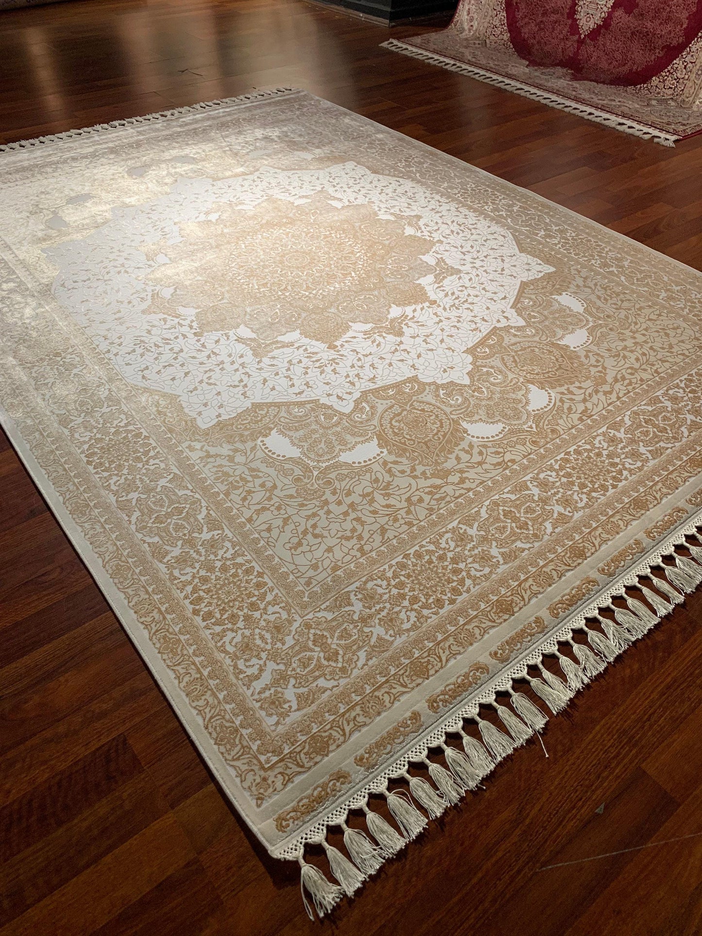 7x10 ft Beige Gold Silk Rug, Elegant Medallion Luxury Area Rug, Classic Neutral Living Room Carpet