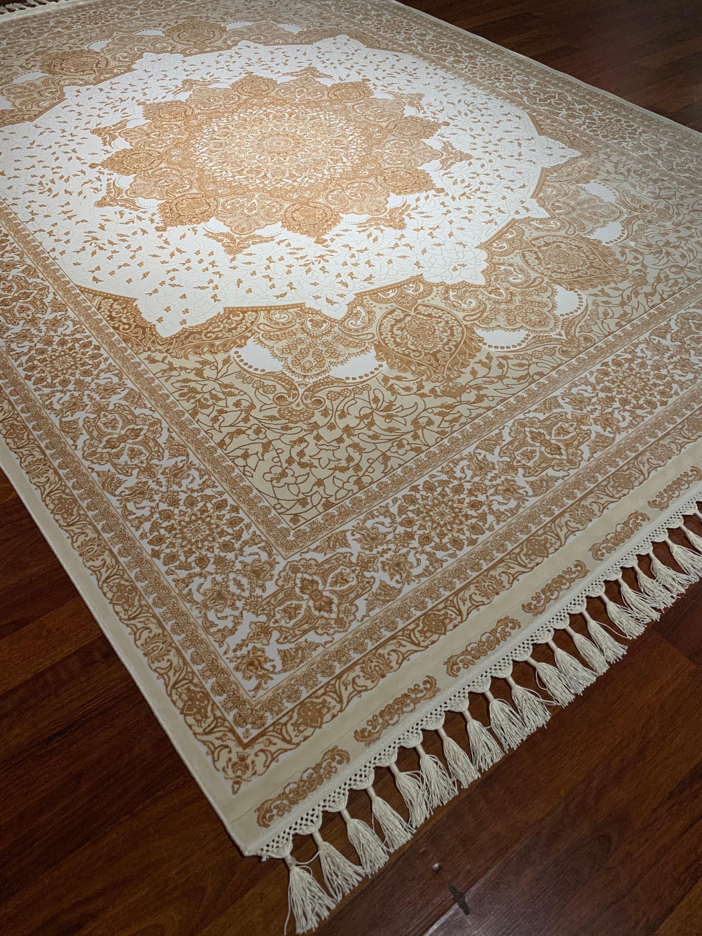 7x10 ft Beige Gold Silk Rug, Elegant Medallion Luxury Area Rug, Classic Neutral Living Room Carpet