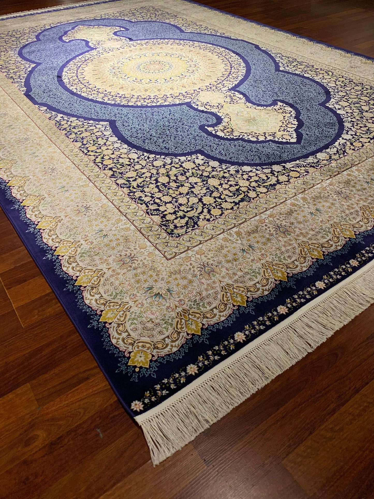7x10 ft Blue Medallion Bamboo Silk Rug, Elegant Classic Luxury Area Rug, Navy Cream Living Room Carpet