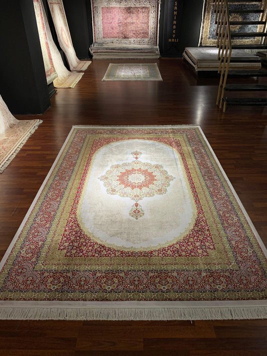 7x10 ft Beige Red Silk Rug, Classic Medallion Luxury Area Rug, Elegant Traditional Living Room Carpet