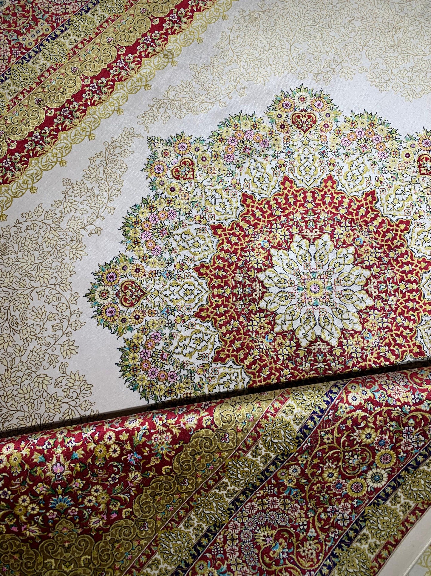 7x10 ft Beige Red Silk Rug, Classic Medallion Luxury Area Rug, Elegant Traditional Living Room Carpet