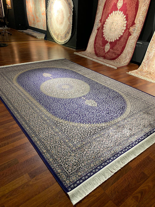 7x10 ft Gray Purple Silk Rug, Elegant Medallion Luxury Area Rug, Modern Classic Living Room Carpet