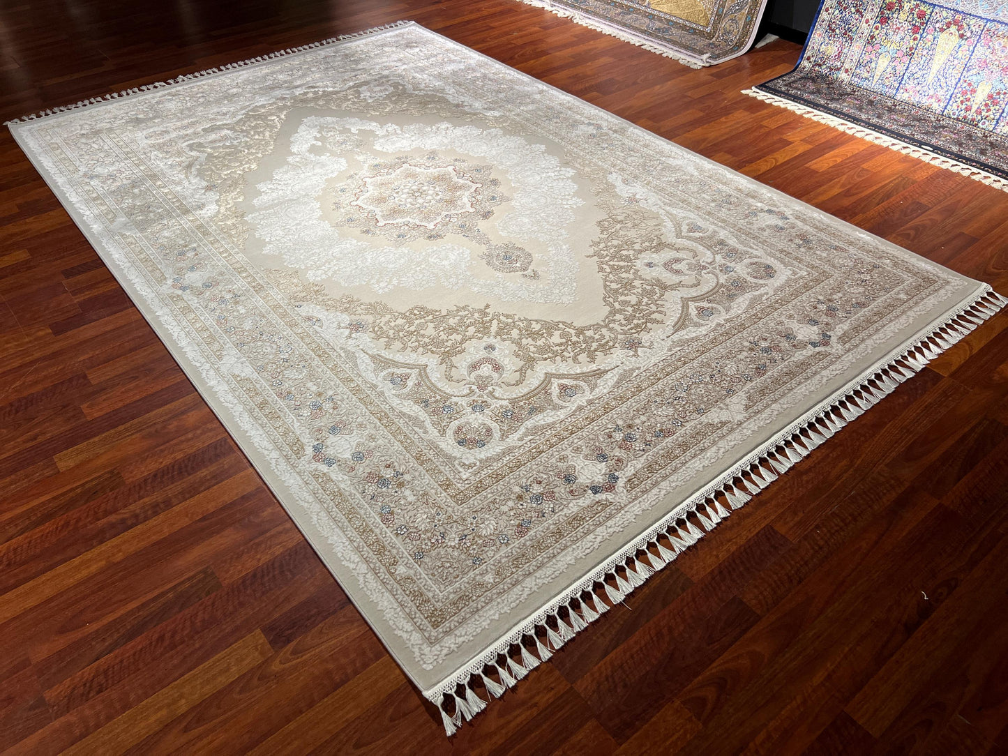 7x10 Beige Cream Rug, Floral Medallion Rug, Turkish Area Rug, Luxury Living Room Rug, Large Rug