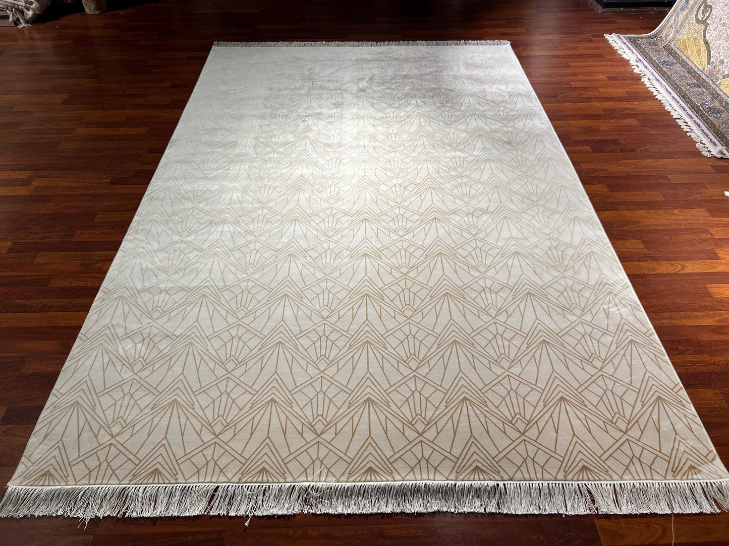 7x10 Cream Geometric Rug, Modern Bamboo Silk Rug, Turkish Area Rug, Luxury Living Room Rug, Large Rug
