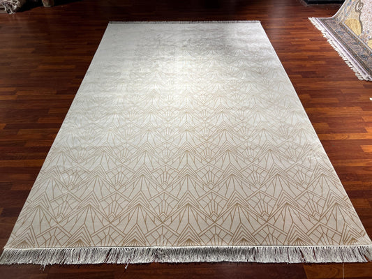 7x10 Cream Geometric Rug, Modern Bamboo Silk Rug, Turkish Area Rug, Luxury Living Room Rug, Large Rug
