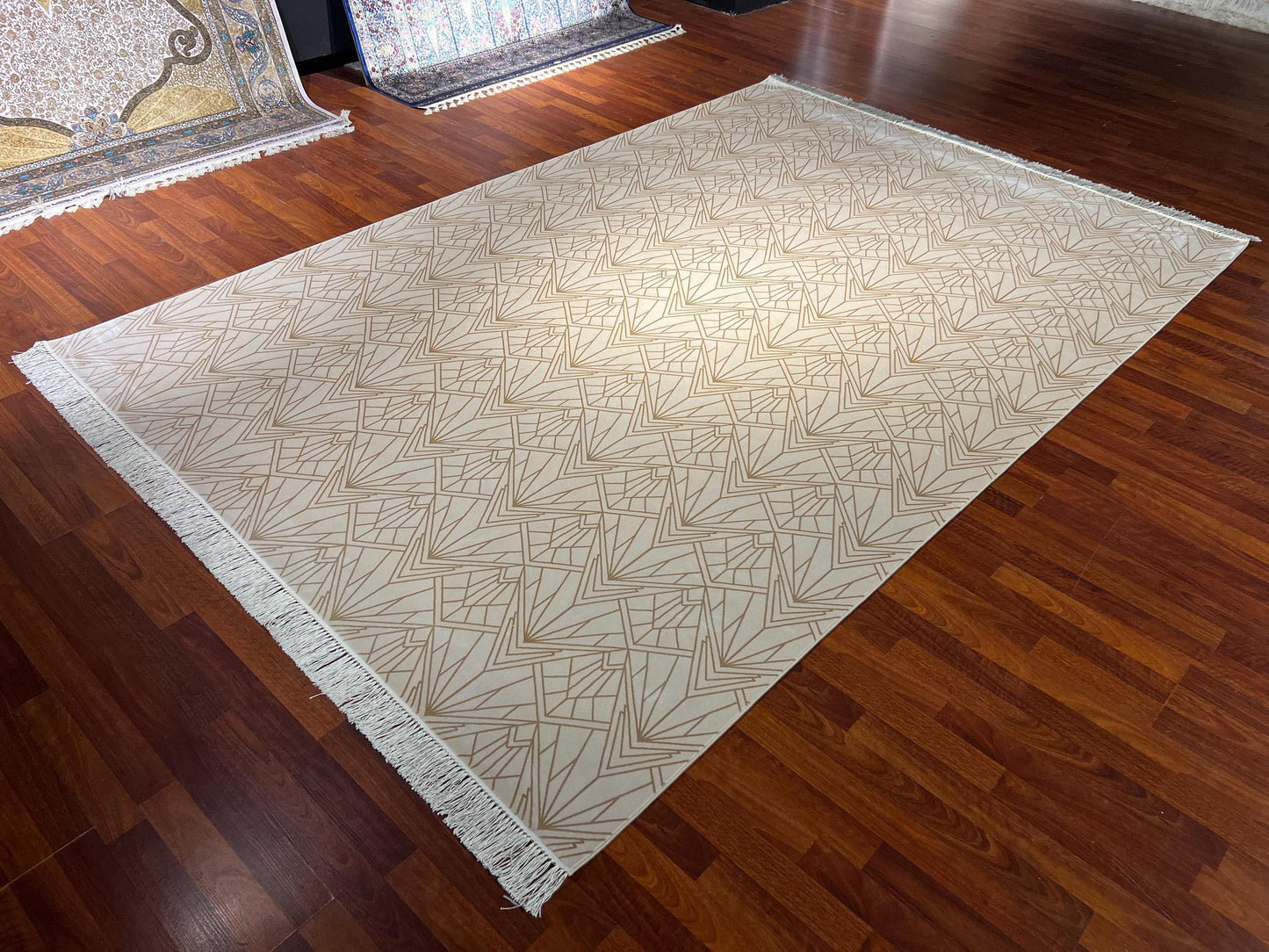 7x10 Cream Geometric Rug, Modern Bamboo Silk Rug, Turkish Area Rug, Luxury Living Room Rug, Large Rug