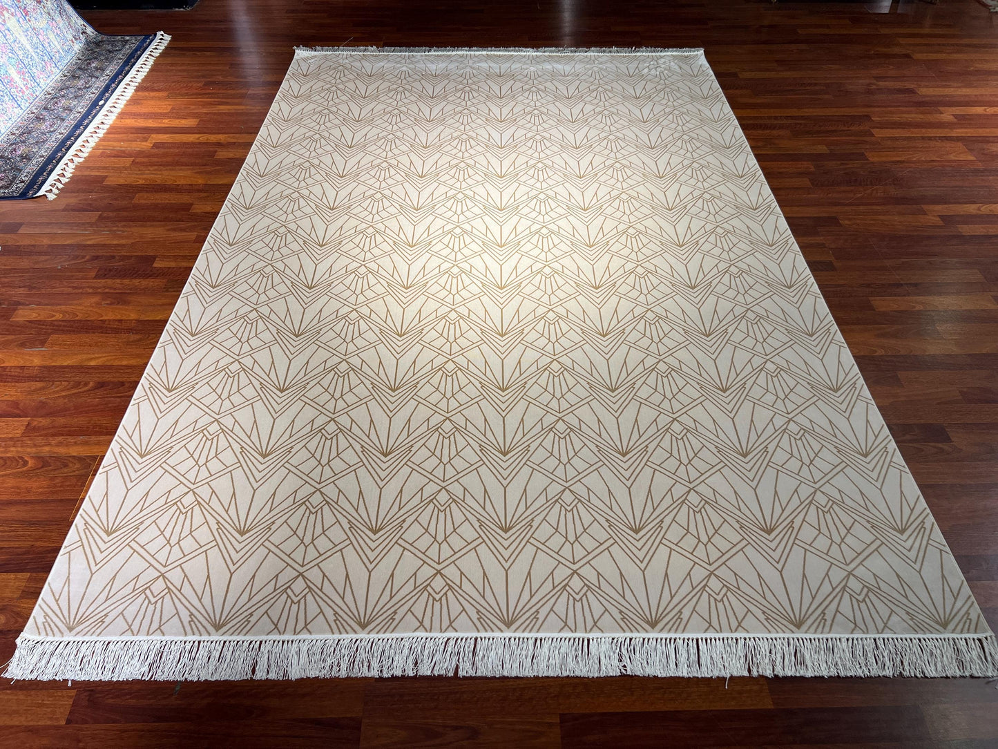7x10 Cream Geometric Rug, Modern Bamboo Silk Rug, Turkish Area Rug, Luxury Living Room Rug, Large Rug