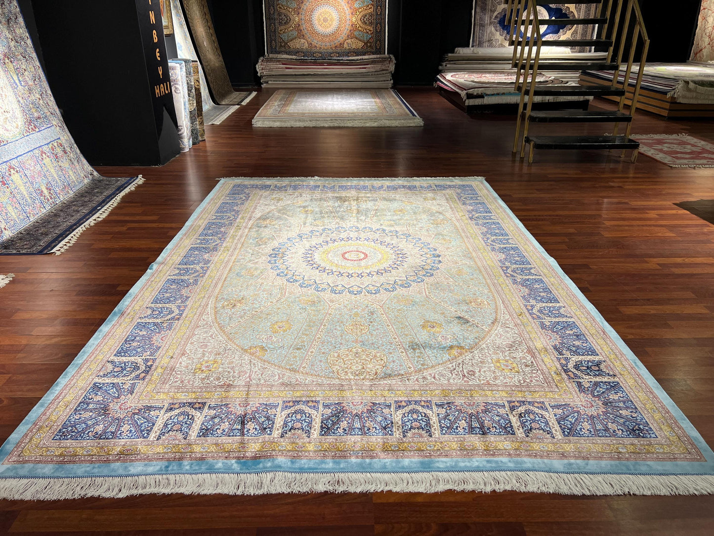 7x10 Blue Cream Silk Rug, Medallion Turkish Area Rug, Luxury Living Room Rug, Large Rug