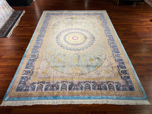 7x10 Blue Cream Silk Rug, Medallion Turkish Area Rug, Luxury Living Room Rug, Large Rug