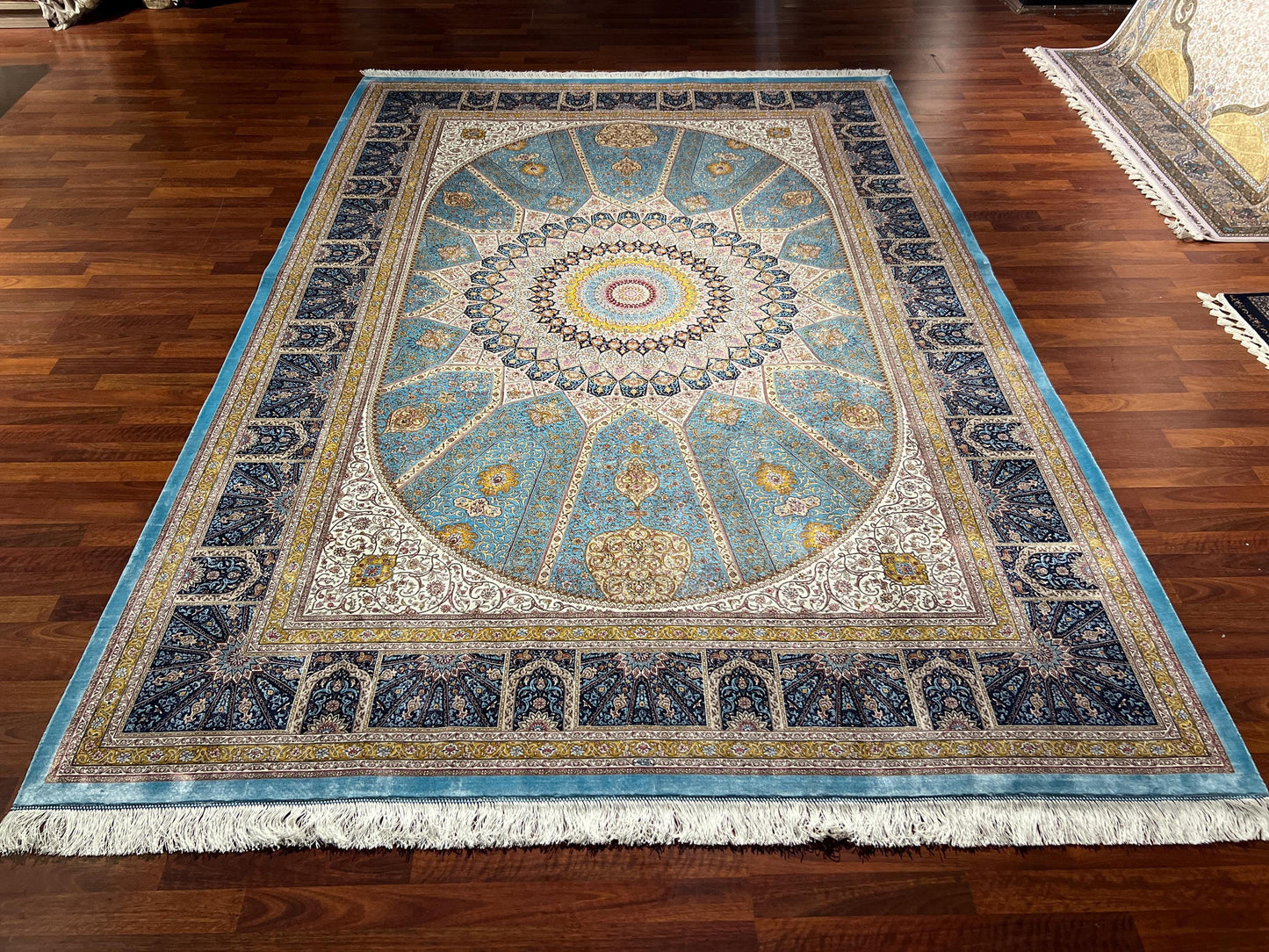 7x10 Blue Cream Silk Rug, Medallion Turkish Area Rug, Luxury Living Room Rug, Large Rug