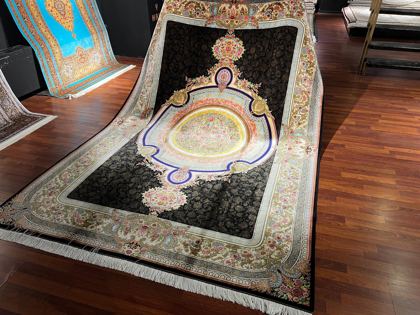 7x10 Black Gold Silk Rug, Floral Medallion Rug, Turkish Area Rug, Luxury Living Room Rug, Large Rug