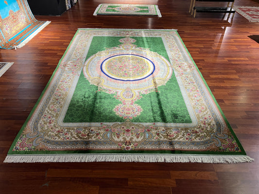 7x10 Green Silk Rug, Floral Medallion Rug, Turkish Area Rug, Luxury Living Room Rug, Large Rug