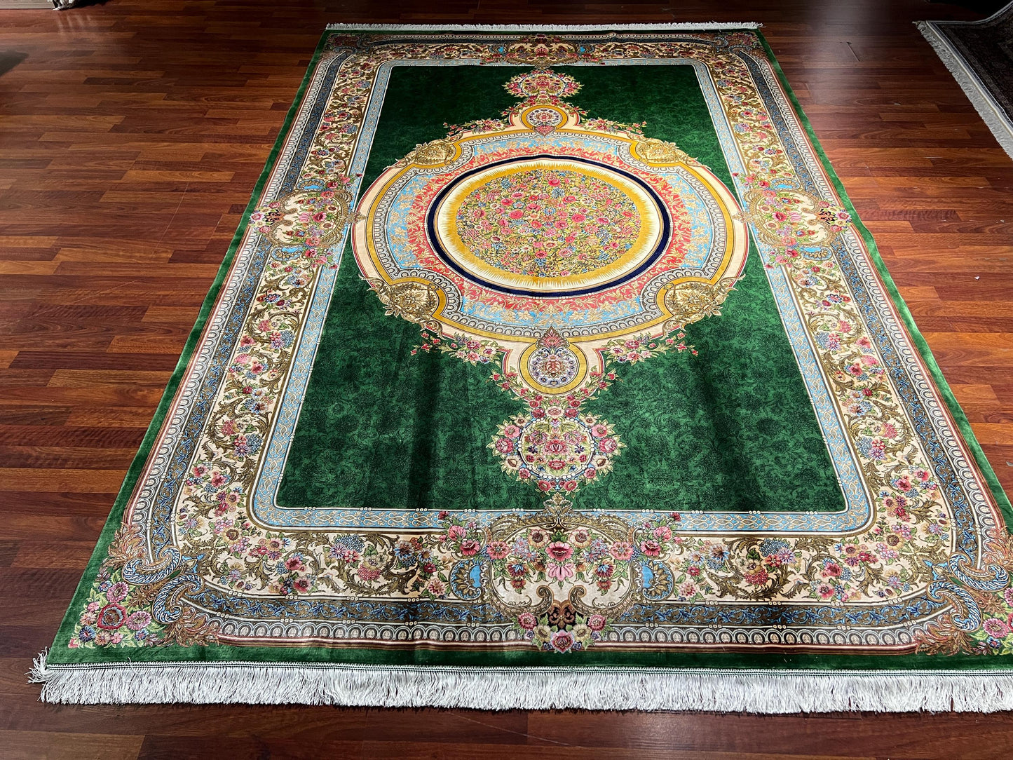 7x10 Green Silk Rug, Floral Medallion Rug, Turkish Area Rug, Luxury Living Room Rug, Large Rug