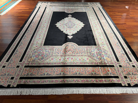 7x10 Black Silk Rug, Floral Medallion Rug, Turkish Area Rug, Luxury Living Room Rug, Large Rug