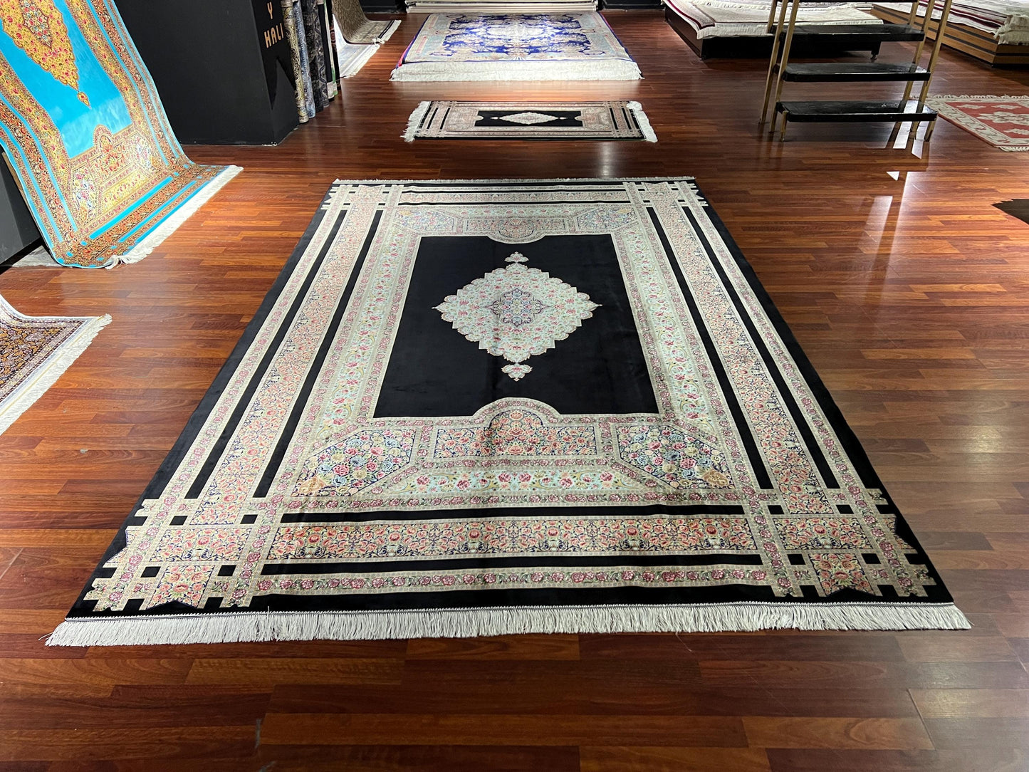 7x10 Black Silk Rug, Floral Medallion Rug, Turkish Area Rug, Luxury Living Room Rug, Large Rug
