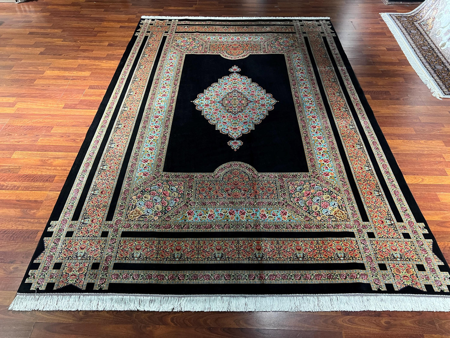 7x10 Black Silk Rug, Floral Medallion Rug, Turkish Area Rug, Luxury Living Room Rug, Large Rug