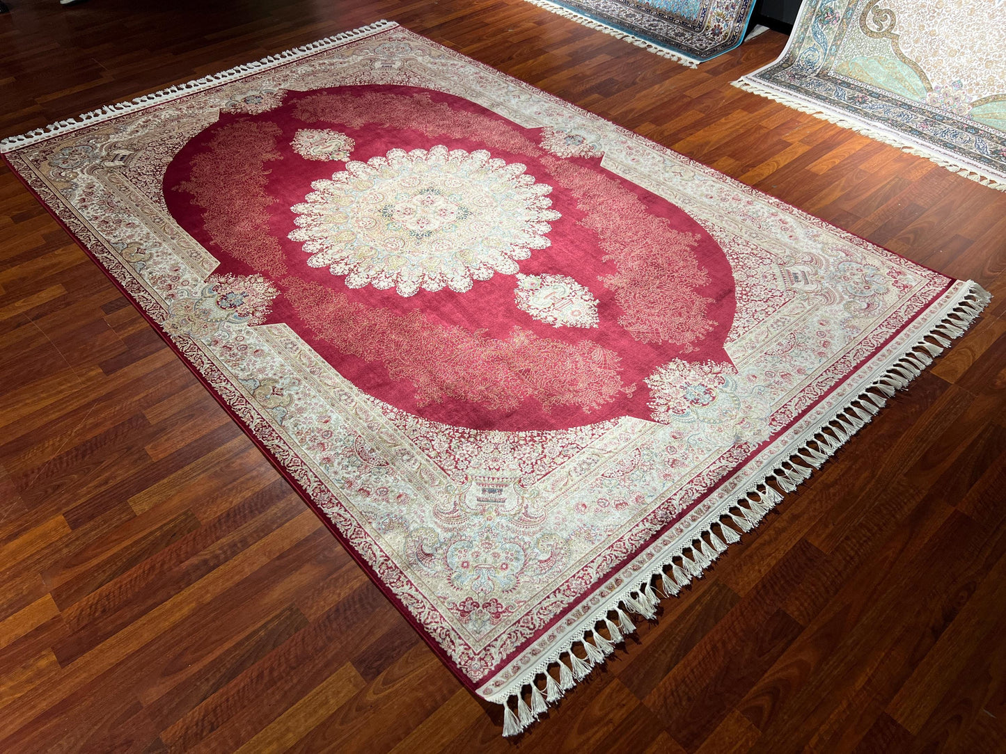 7x10 ft Red Beige Silk Rug, Royal Medallion Luxury Area Rug, Elegant Classic Living Room Carpet