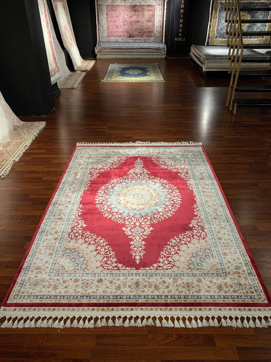 7x10 ft Red Beige Silk Rug, Elegant Medallion Luxury Area Rug, Soft Classic Living Room Carpet