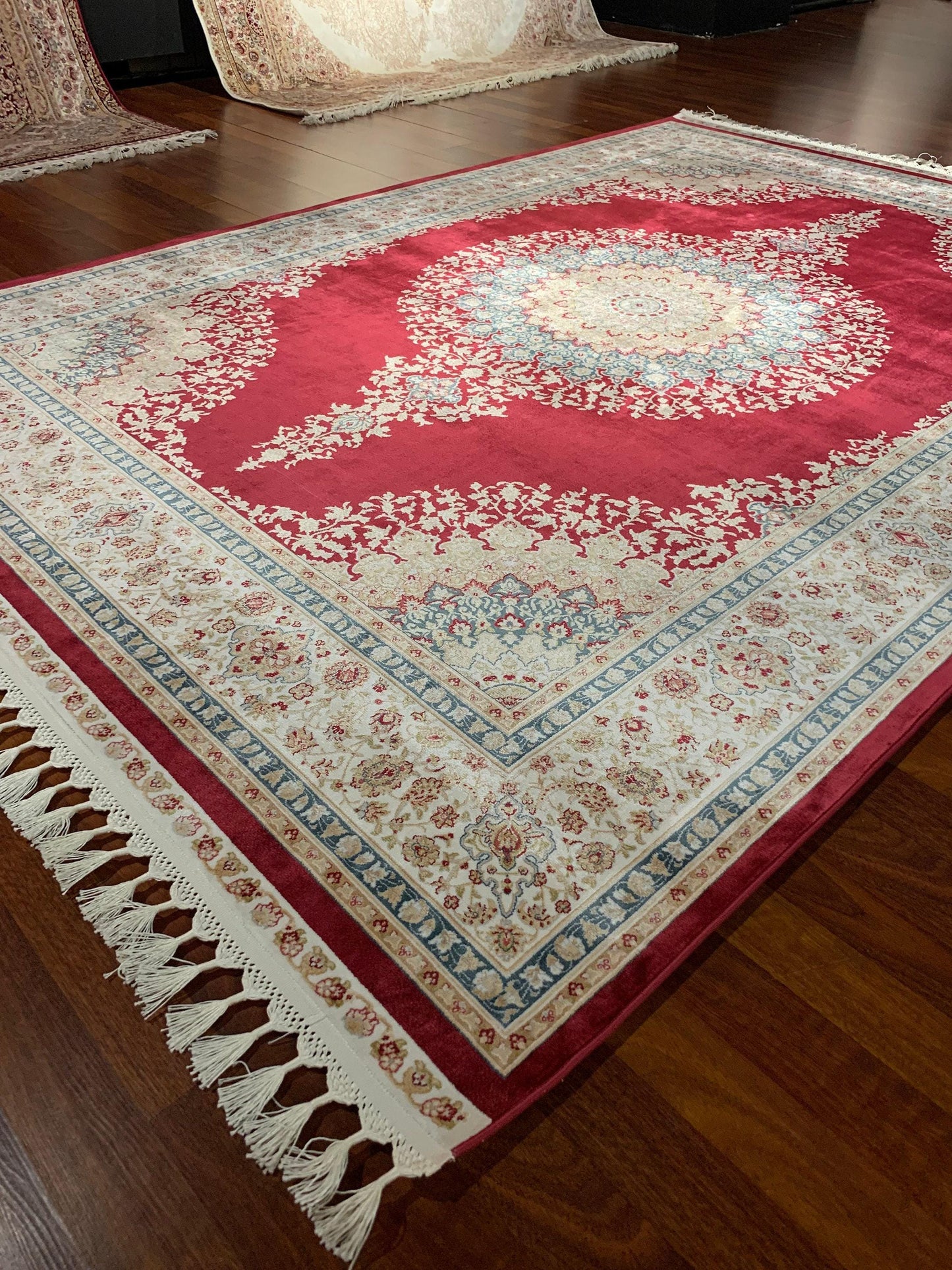 7x10 ft Red Beige Silk Rug, Elegant Medallion Luxury Area Rug, Soft Classic Living Room Carpet