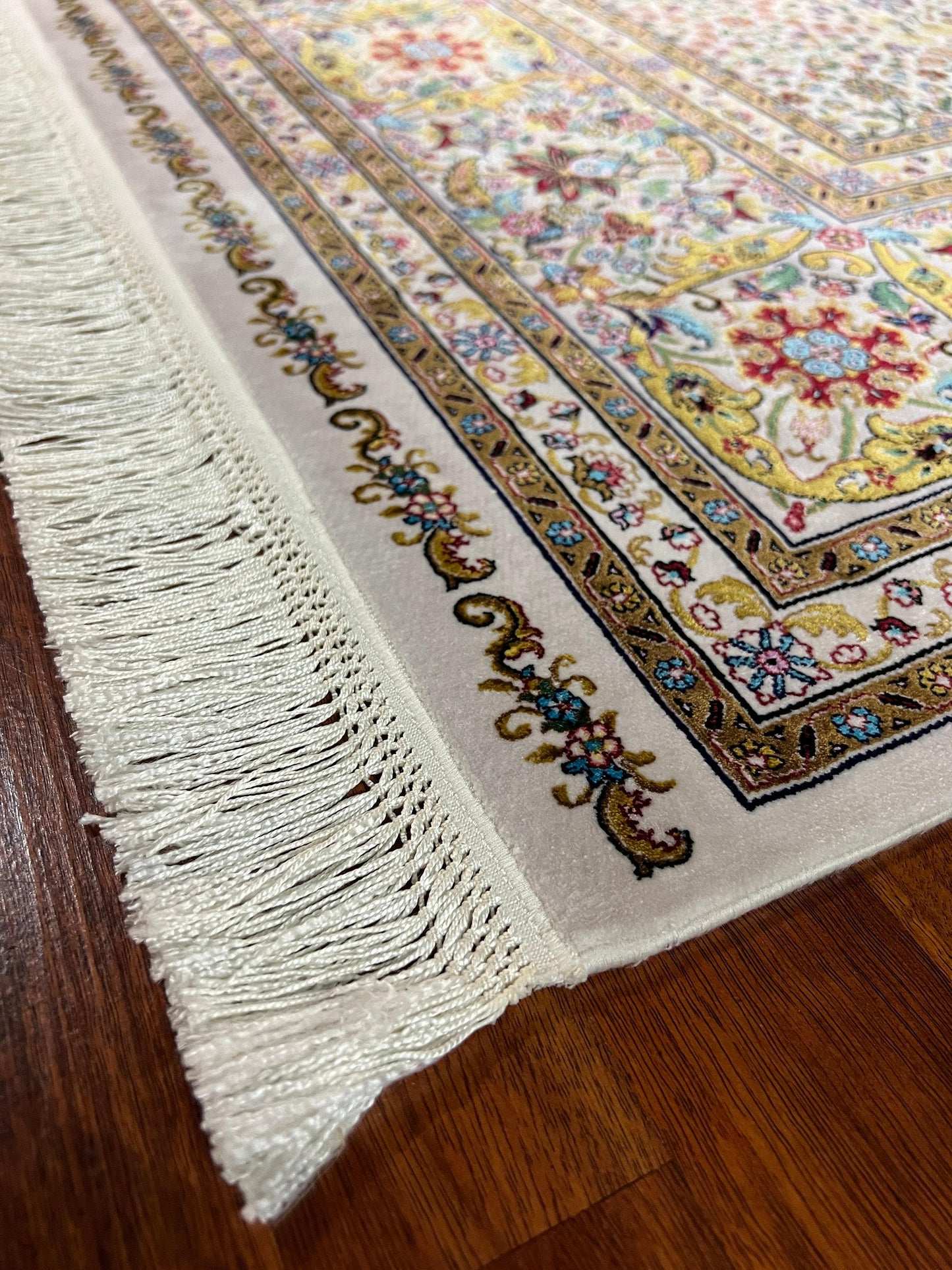 7x10 ft Floral Silk Rug, Fine Pattern Luxury Area Rug, Cream Multicolor Elegant Living Room Carpet