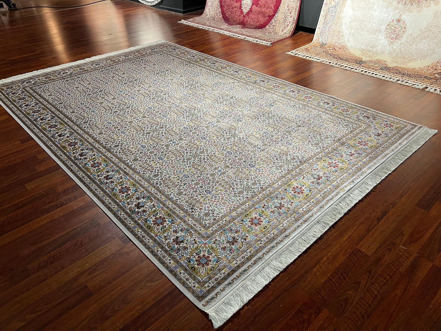 7x10 ft Floral Silk Rug, Fine Pattern Luxury Area Rug, Cream Multicolor Elegant Living Room Carpet
