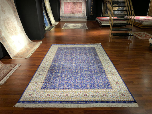 7x10 ft Blue Floral Silk Rug, Dense Pattern Luxury Area Rug, Elegant Navy Living Room Carpet