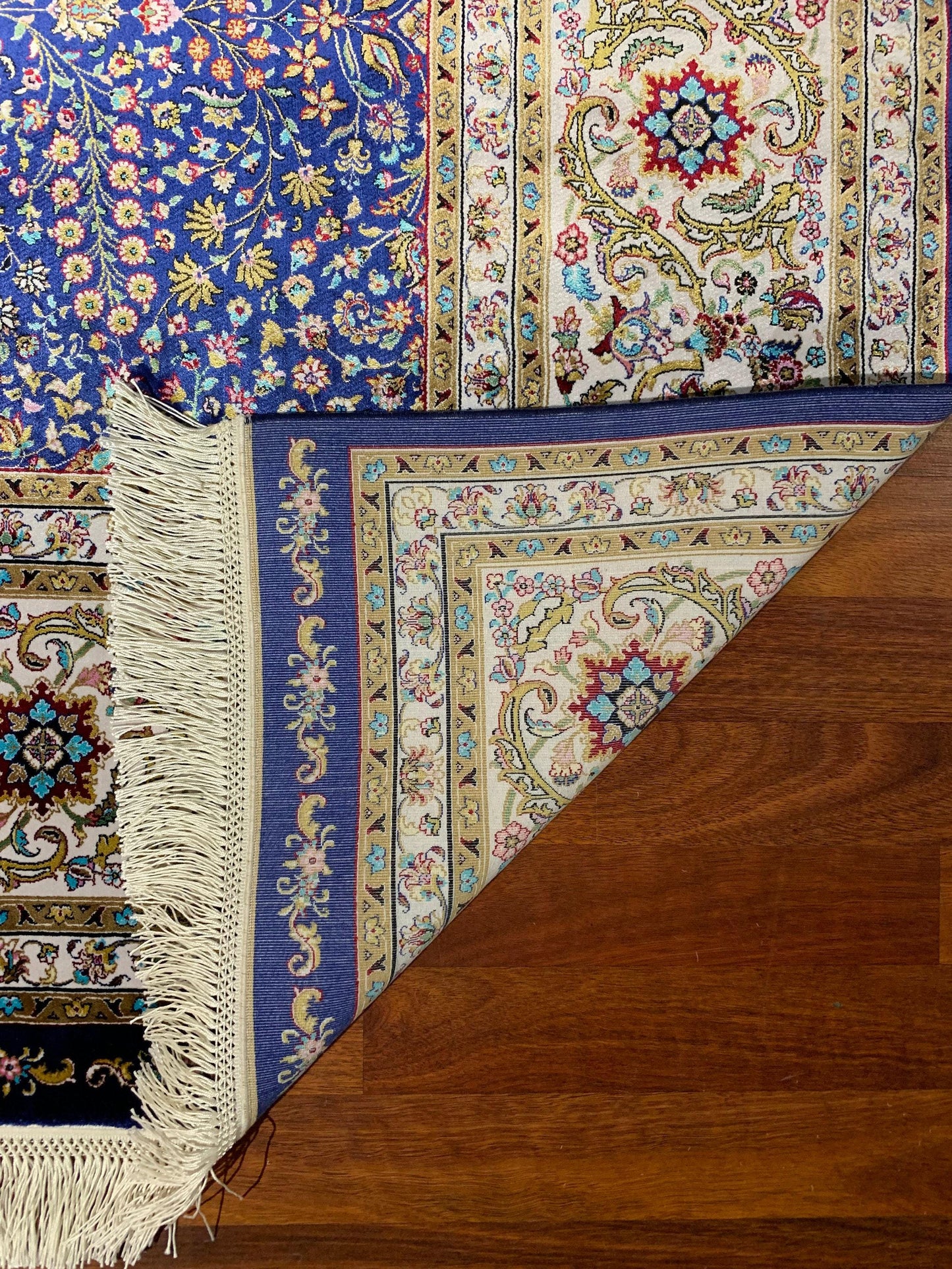 7x10 ft Blue Floral Silk Rug, Dense Pattern Luxury Area Rug, Elegant Navy Living Room Carpet