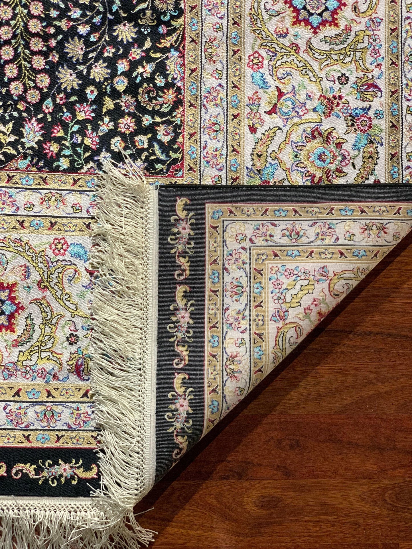 7x10 ft Black Floral Silk Rug, Dense Pattern Luxury Area Rug, Elegant Dark Living Room Carpet