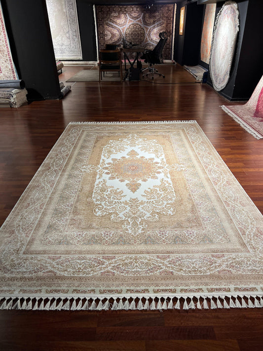 7x10 ft Beige Silk Rug, Elegant Palace Style Area Rug, Soft Luxury Living Room Carpet